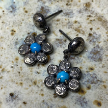 Load image into Gallery viewer, Turquoise and Dark Silver Flower Stud Earrings