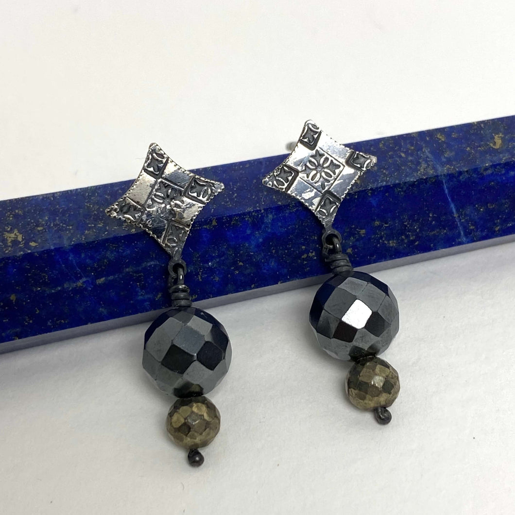 Sterling Silver with Hematite and Pyrite Bead Stud Earrings