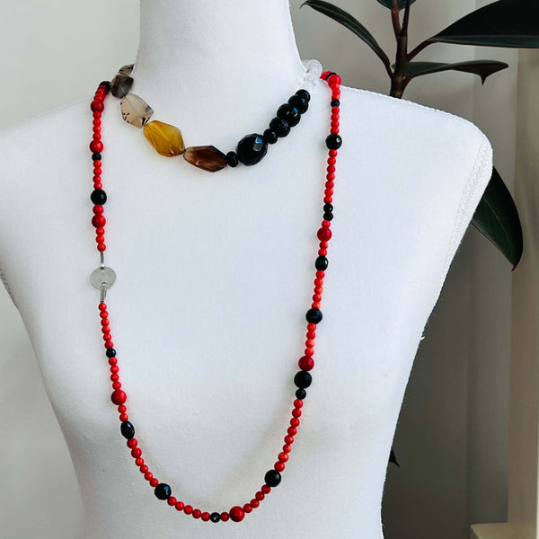 Arizona Agate, Onyx and Crystal Quartz Bead Necklace