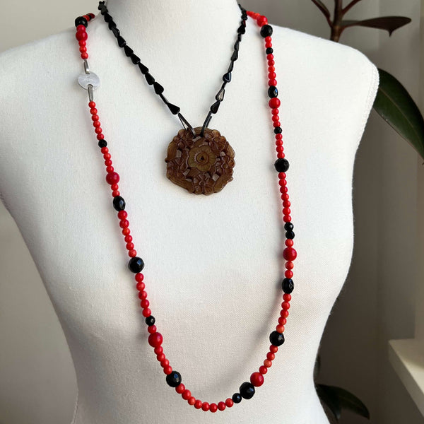 Coral and Onyx Bead Long Necklace