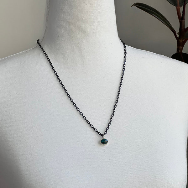 Turquoise and Silver Pendant on Long Dark Silver Chain