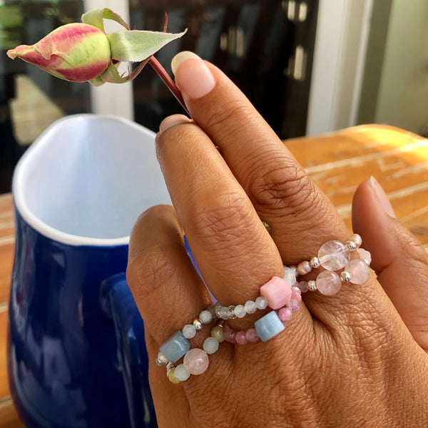 Tourmaline, Aquamarine, Pink Opal Bead Rings