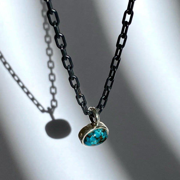 Turquoise and Silver Pendant on Long Dark Silver Chain