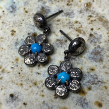 Load and play video in Gallery viewer, Turquoise and Dark Silver Flower Stud Earrings
