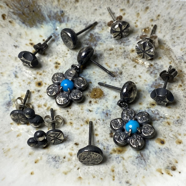Turquoise and Dark Silver Flower Stud Earrings